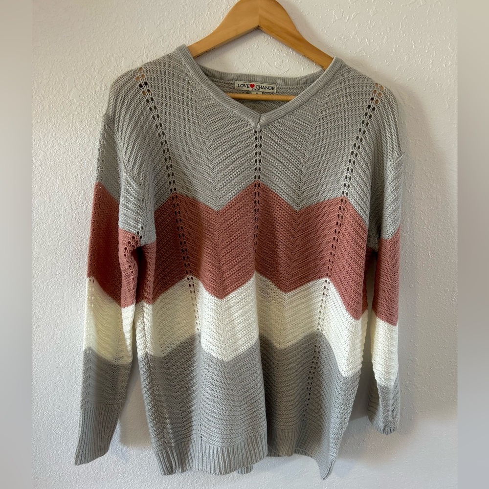 Womens Pink White and Gray Love Change Italy Small Long Sleeve Sweater